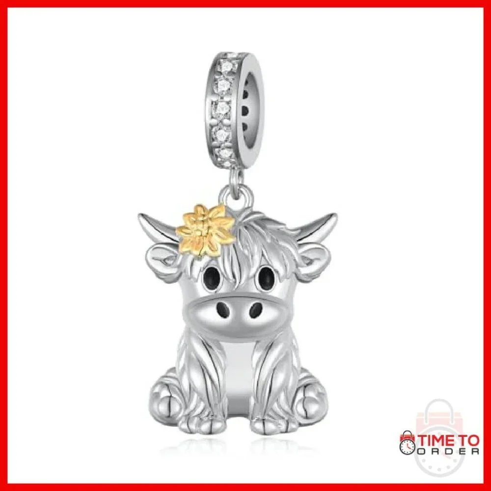 925 Sterling Silver Highland Cow Charm for Bracelets 0.67x0.55 Inch